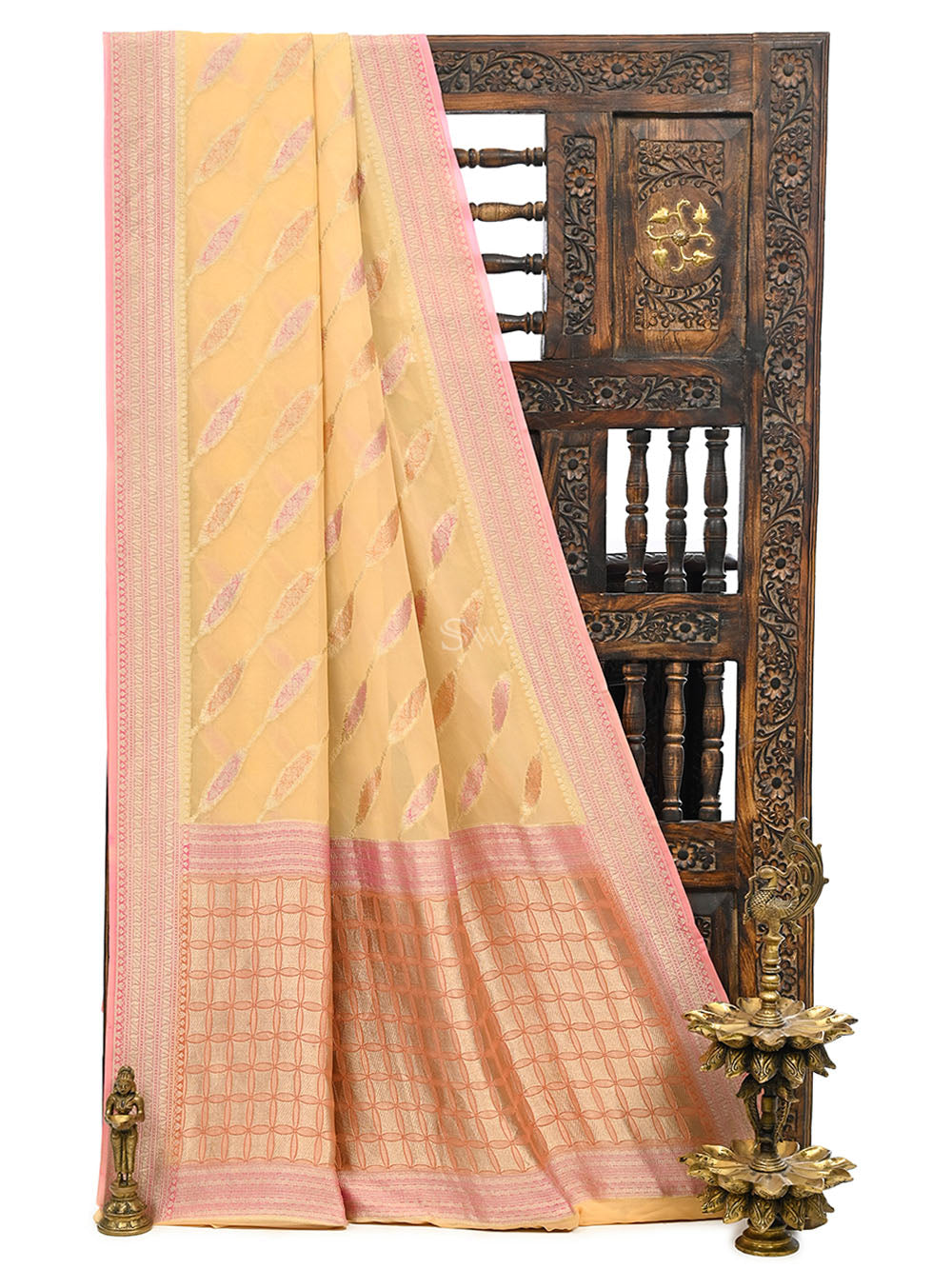 Pastel Peach Rangkat Khaddi Georgette Handloom Banarasi Saree - Sacred Weaves