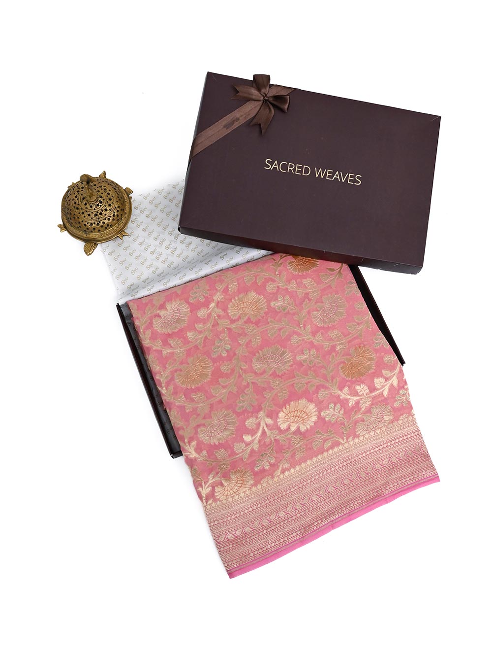 Pastel Pink Jaal Khaddi Georgette Handloom Banarasi Saree - Gift Box - Sacred Weaves