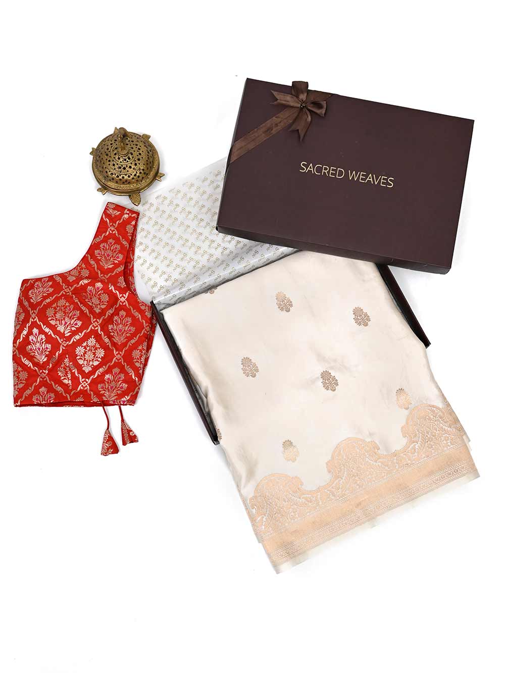 Cream Booti Satin Silk Handloom Banarasi Saree - Sacred Weaves