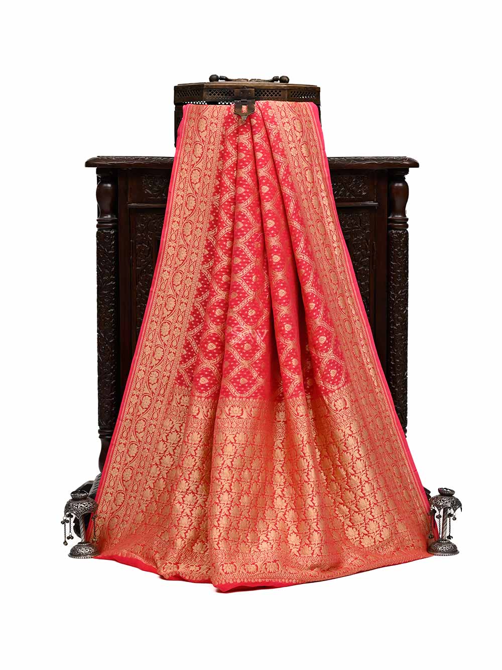 Coral Pink Jaal Khaddi Georgette Handloom Banarasi Saree - Sacred Weaves