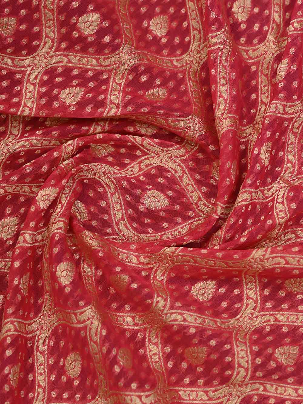 Coral Pink Jaal Khaddi Georgette Handloom Banarasi Saree - Sacred Weaves