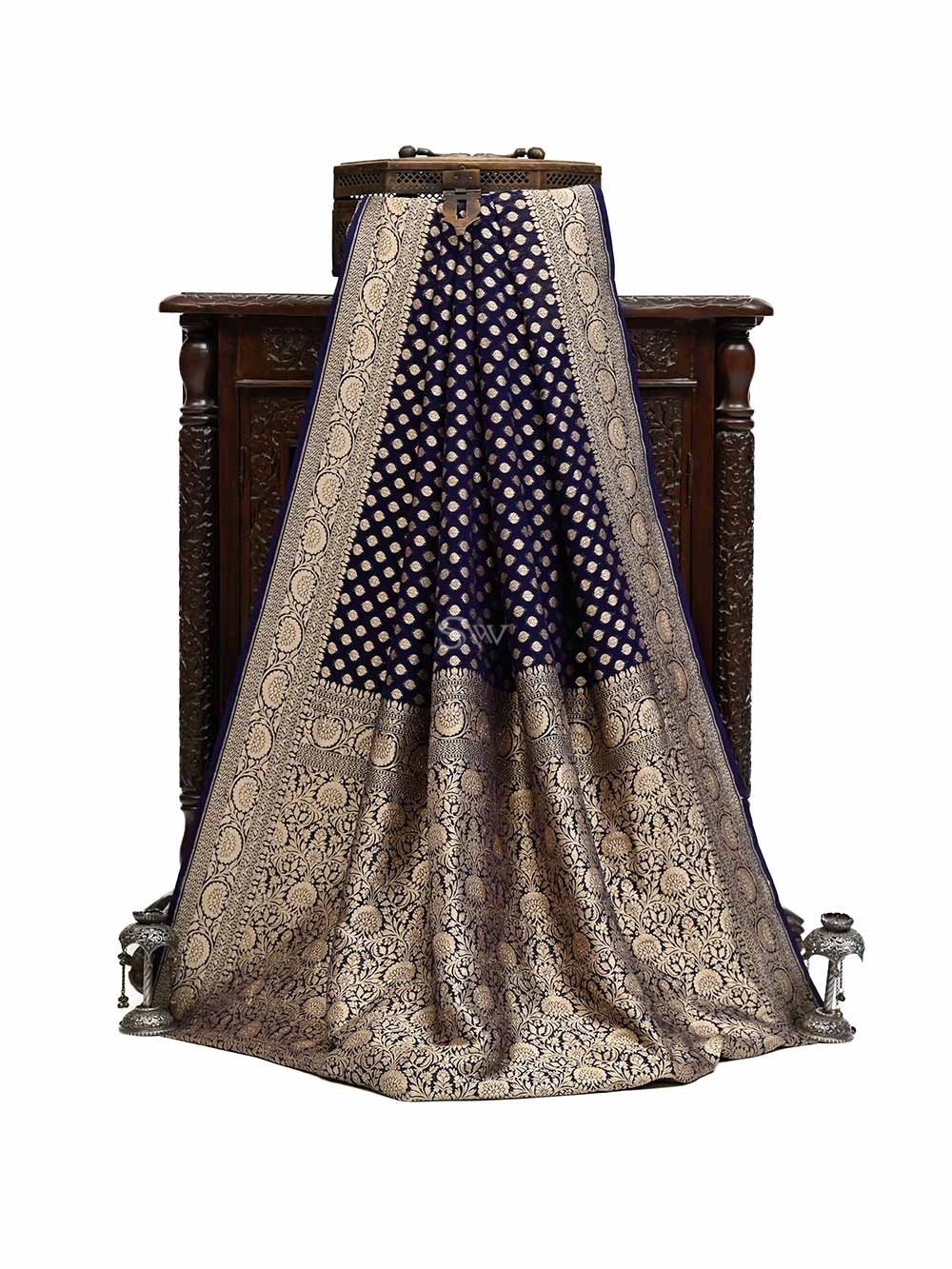 Navy Blue Booti Khaddi Georgette Handloom Banarasi Saree - Sacred Weaves