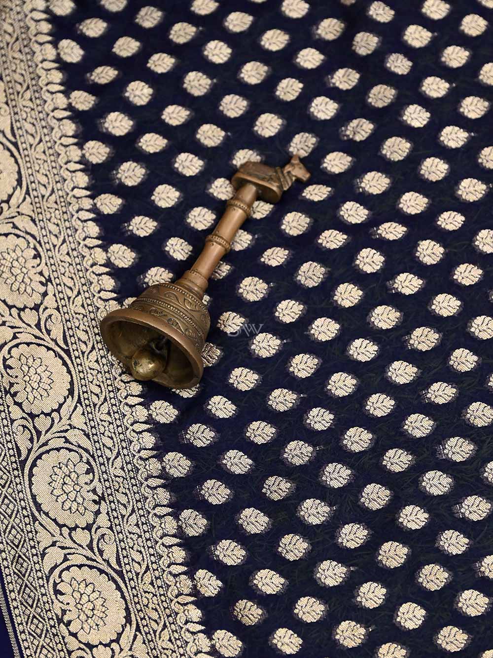 Navy Blue Booti Khaddi Georgette Handloom Banarasi Saree - Sacred Weaves