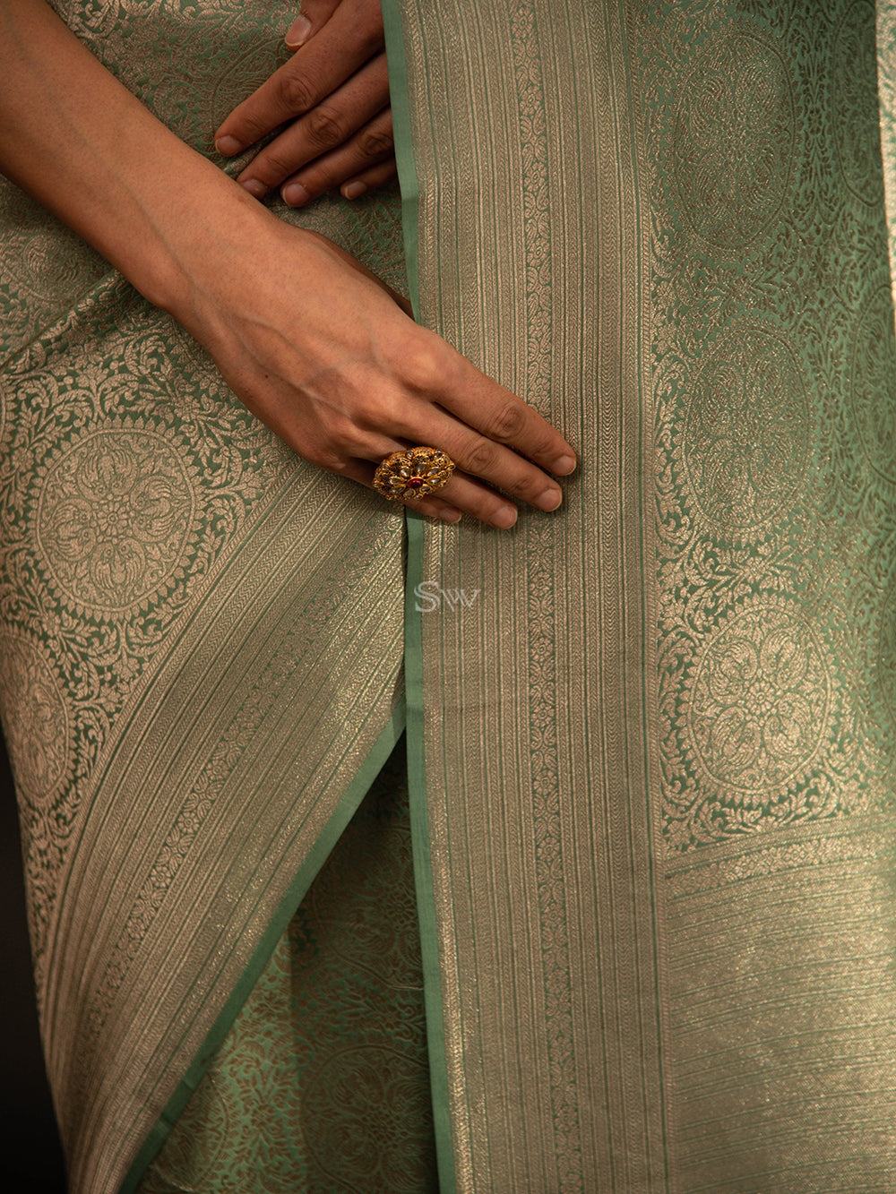 Pastel Mint Blue Katan Silk Shikargah Brocade Handloom Banarasi Saree - Sacred Weaves