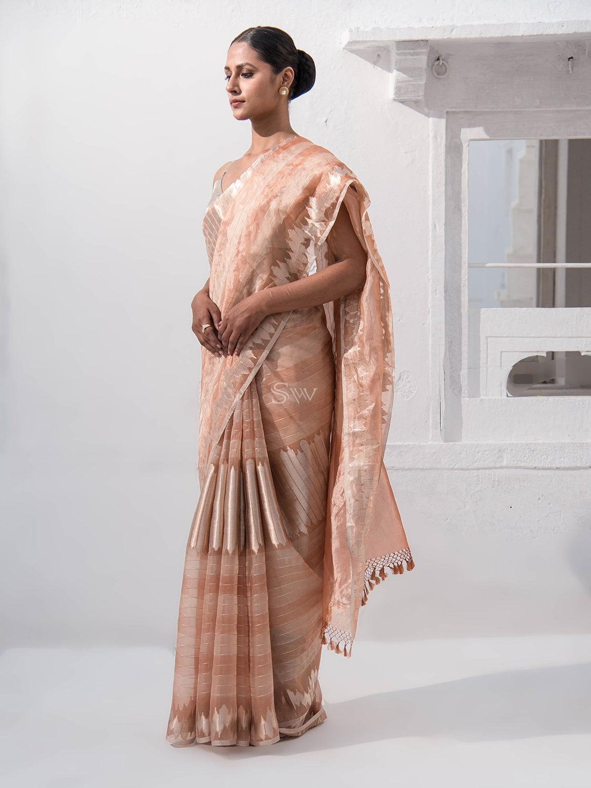 Pastel Peach Tissue Rangkat Handloom Banarasi Saree - Sacred Weaves