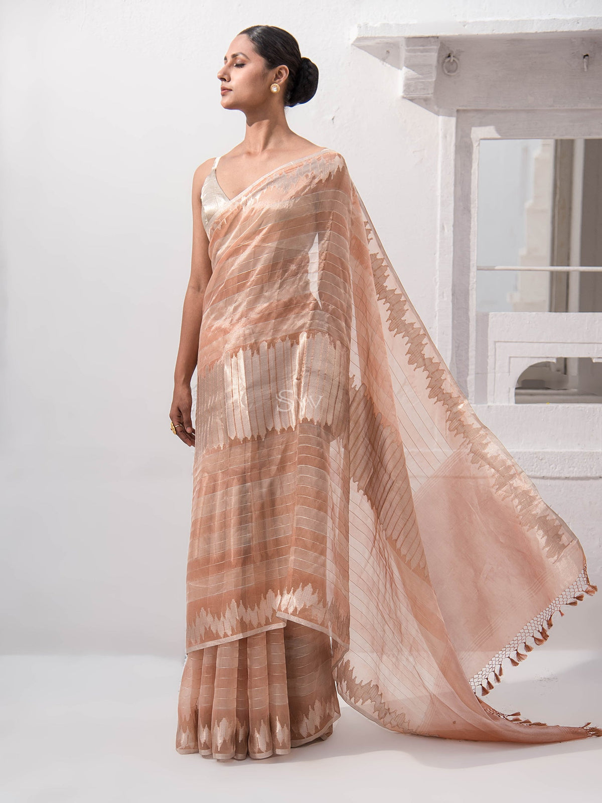 Pastel Peach Tissue Rangkat Handloom Banarasi Saree - Sacred Weaves