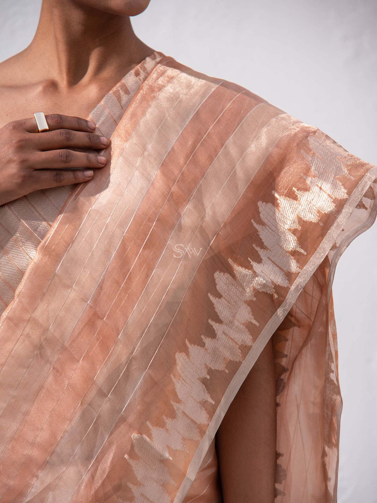 Pastel Peach Tissue Rangkat Handloom Banarasi Saree - Sacred Weaves