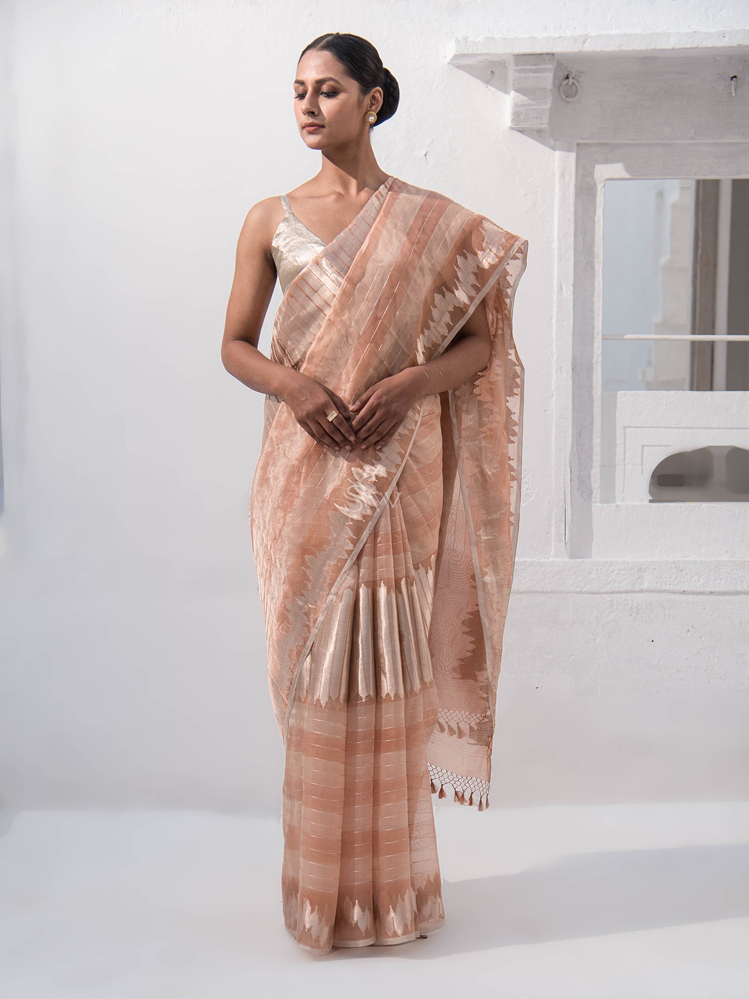 Pastel Peach Tissue Rangkat Handloom Banarasi Saree - Sacred Weaves