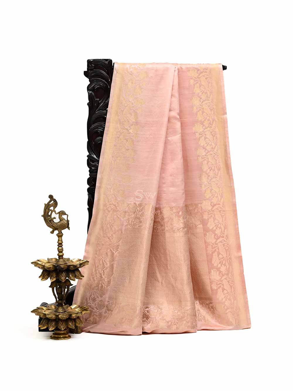 Dusty Pink Plain Satin Silk Handloom Banarasi Saree - Sacred Weaves