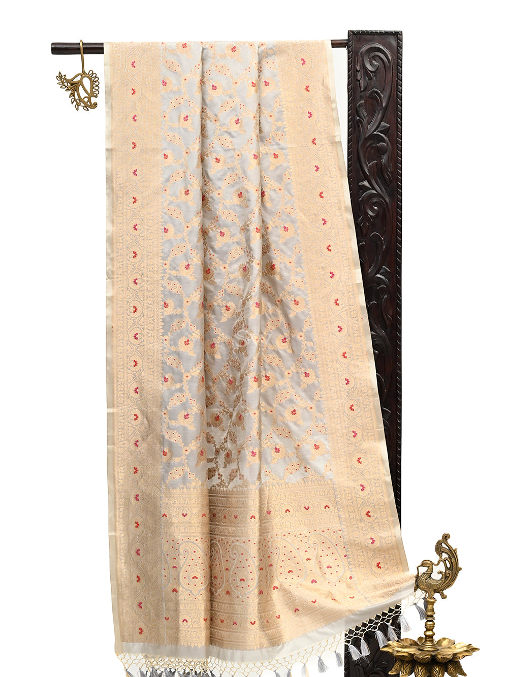 Grey Jaal Katan Silk Handloom Banarasi Dupatta - Sacred Weaves