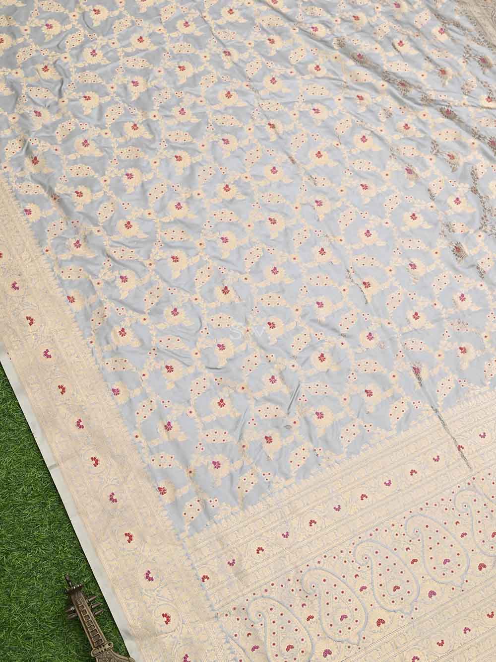 Grey Jaal Katan Silk Handloom Banarasi Dupatta - Sacred Weaves