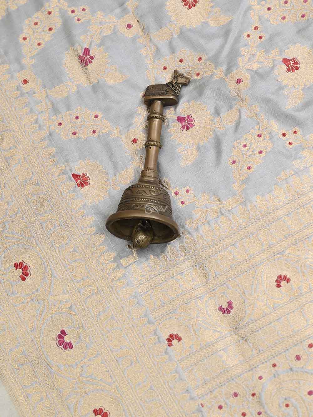Grey Jaal Katan Silk Handloom Banarasi Dupatta - Sacred Weaves