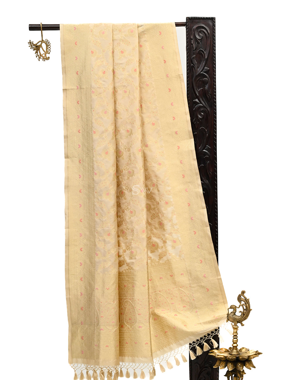 Beige Jaal Katan Silk Handloom Banarasi Dupatta - Sacred Weaves