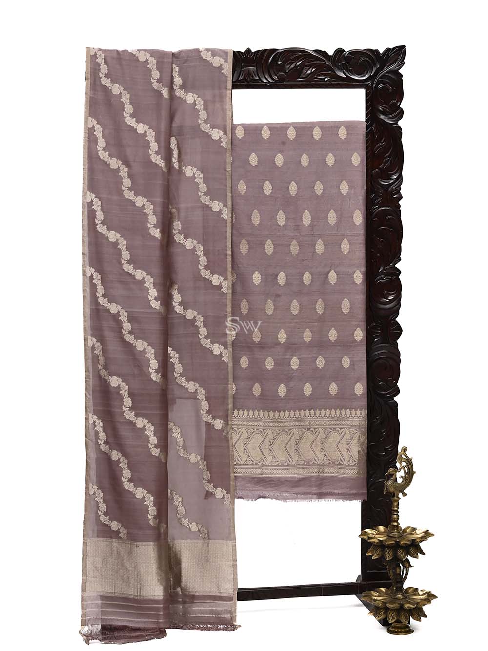 Dusty Pink Tussar Silk Handloom Banarasi Suit - Sacred Weaves