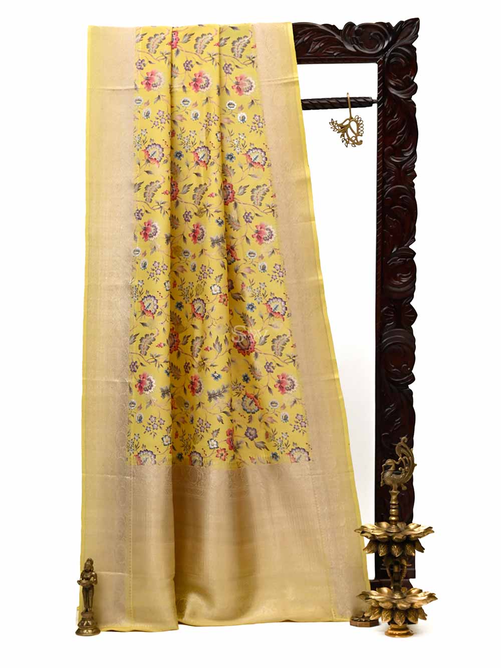 Yellow Tussar Silk Printed Banarasi Saree - Sacred Weaves
