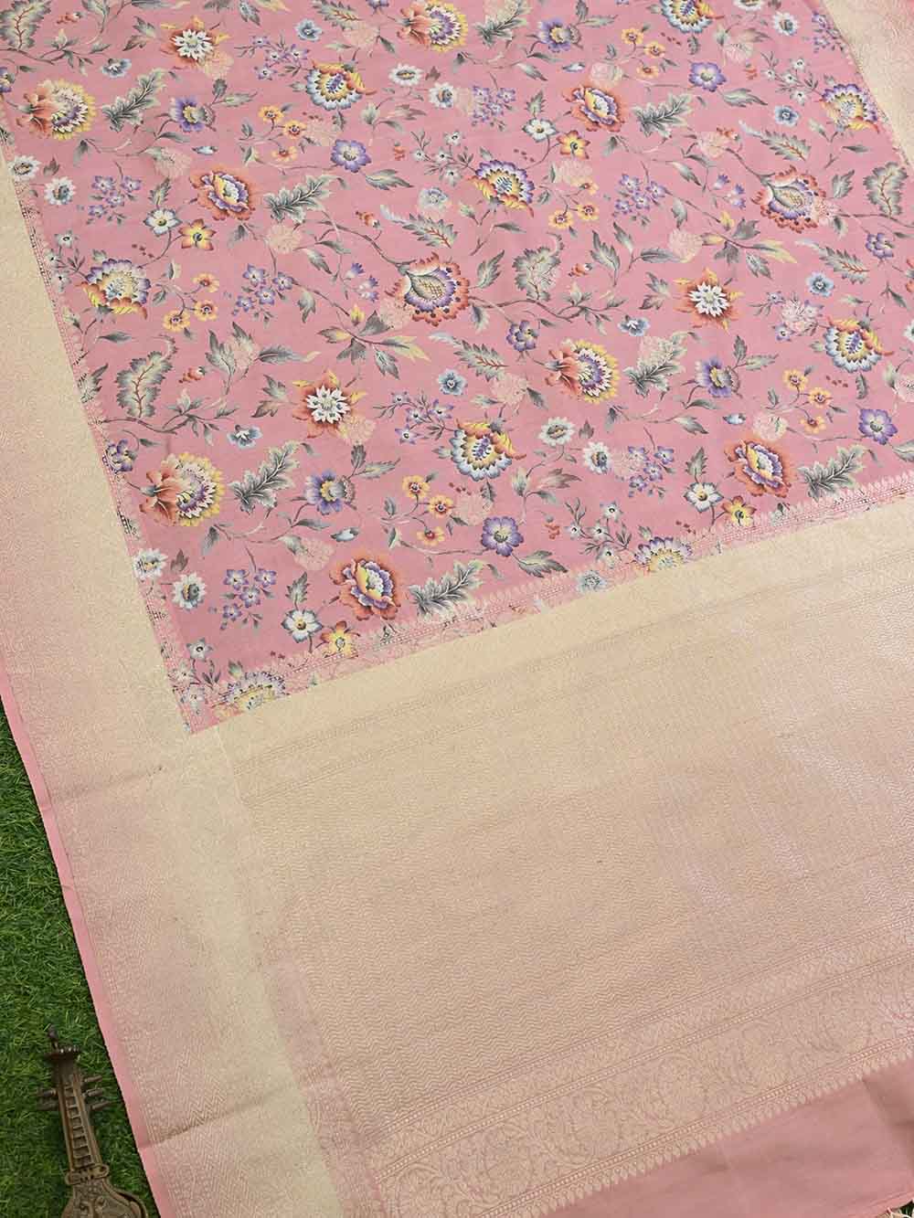 Light Pink Tussar Silk Printed Banarasi Saree - Sacred Weaves