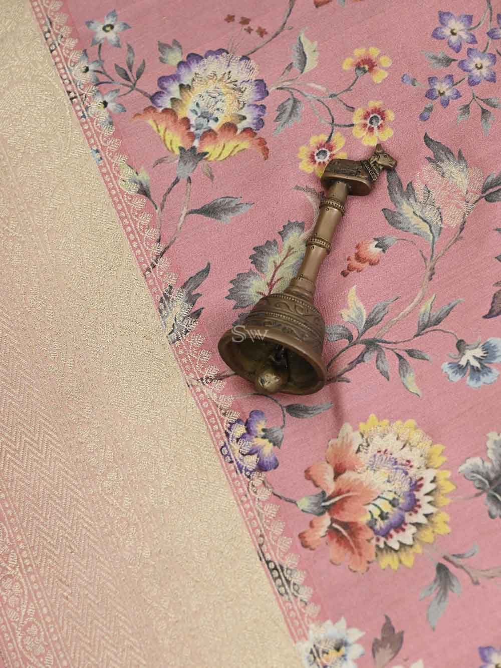 Light Pink Tussar Silk Printed Banarasi Saree - Sacred Weaves