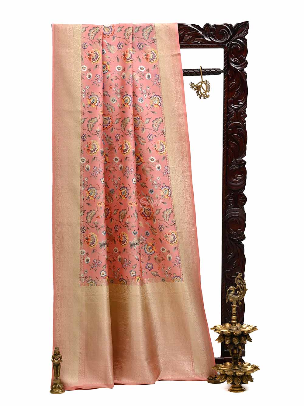Light Pink Tussar Silk Printed Banarasi Saree - Sacred Weaves
