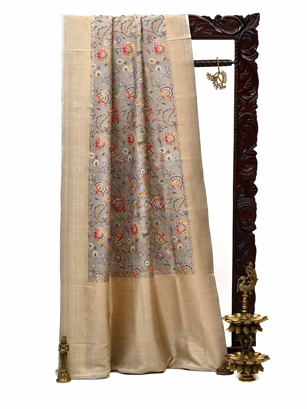 Grey Tussar Silk Printed Banarasi Saree - Sacred Weaves