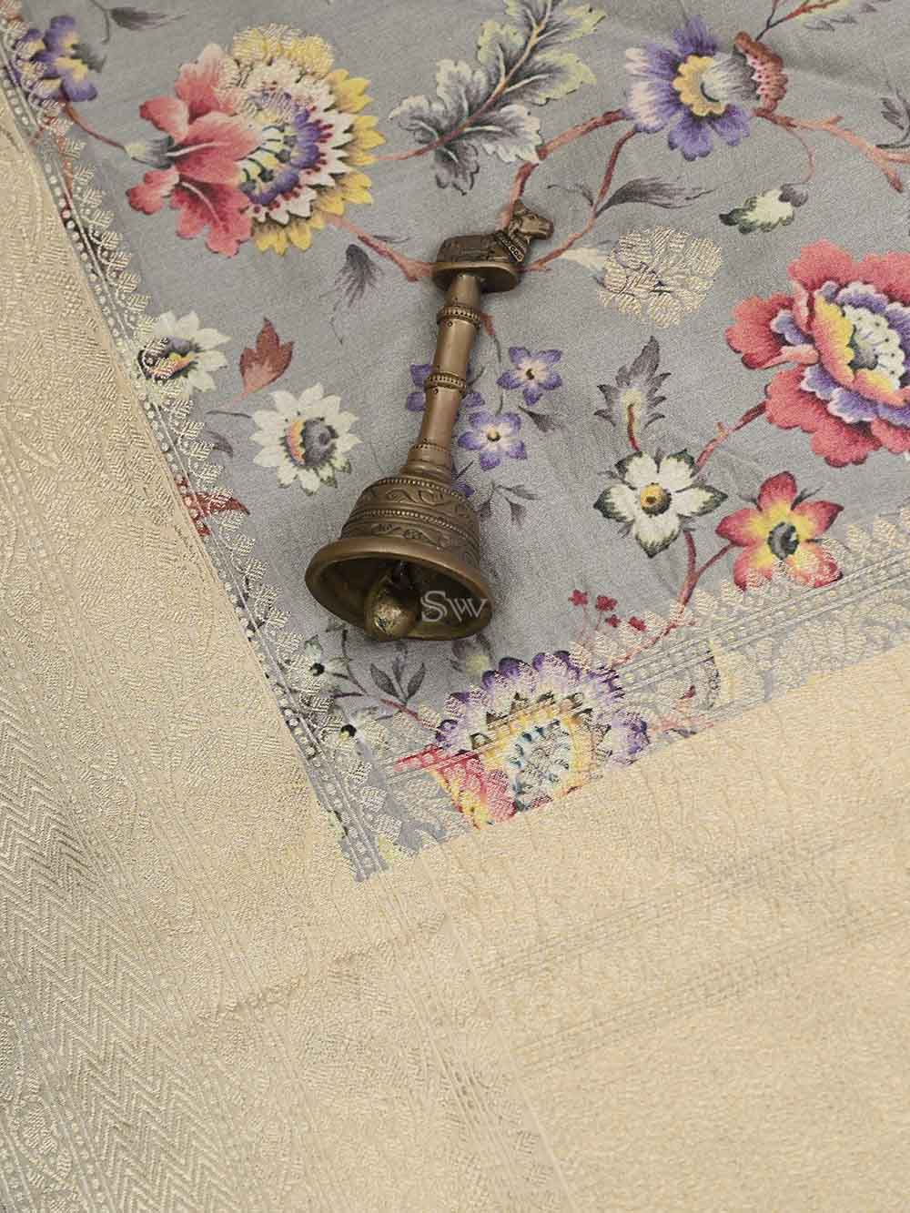 Grey Tussar Silk Printed Banarasi Saree - Sacred Weaves