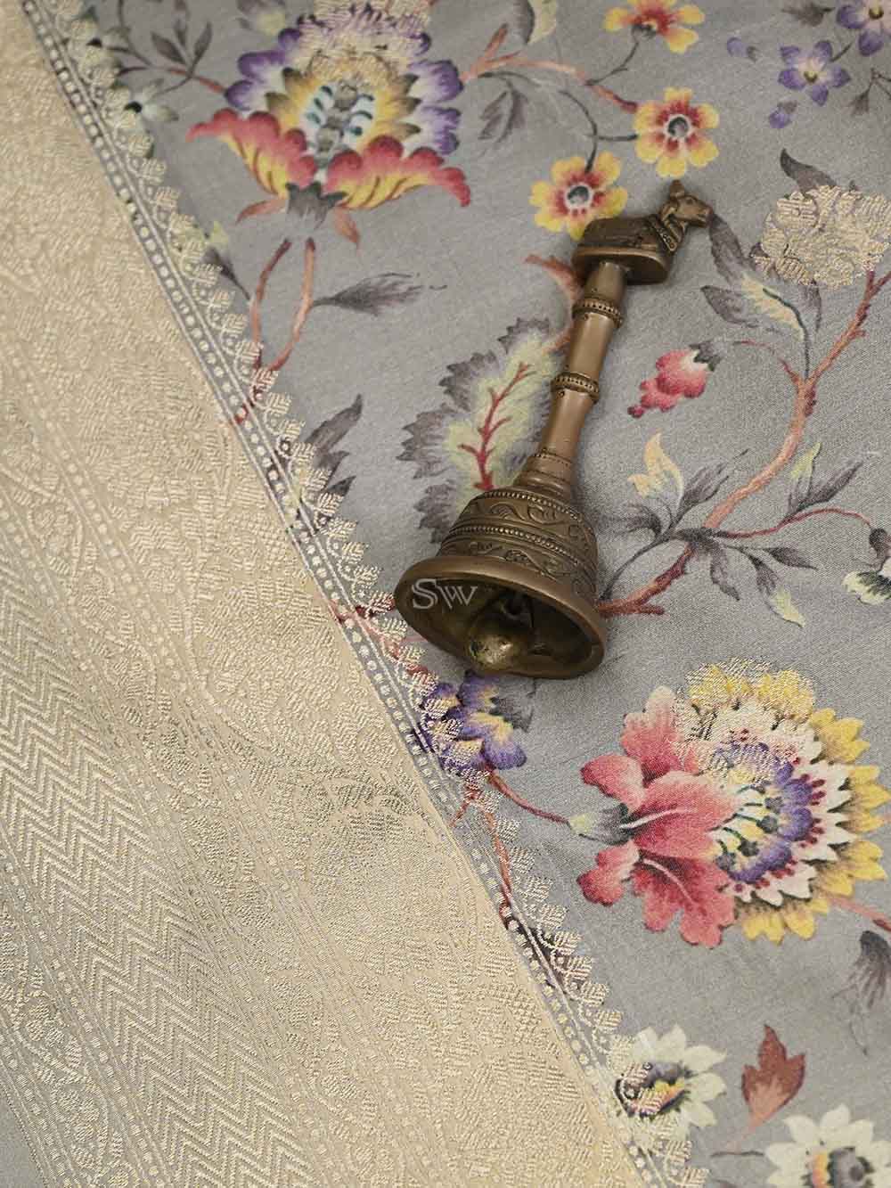 Grey Tussar Silk Printed Banarasi Saree - Sacred Weaves