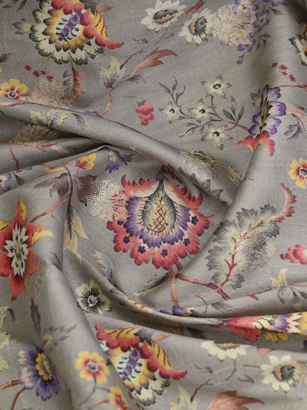 Grey Tussar Silk Printed Banarasi Saree - Sacred Weaves