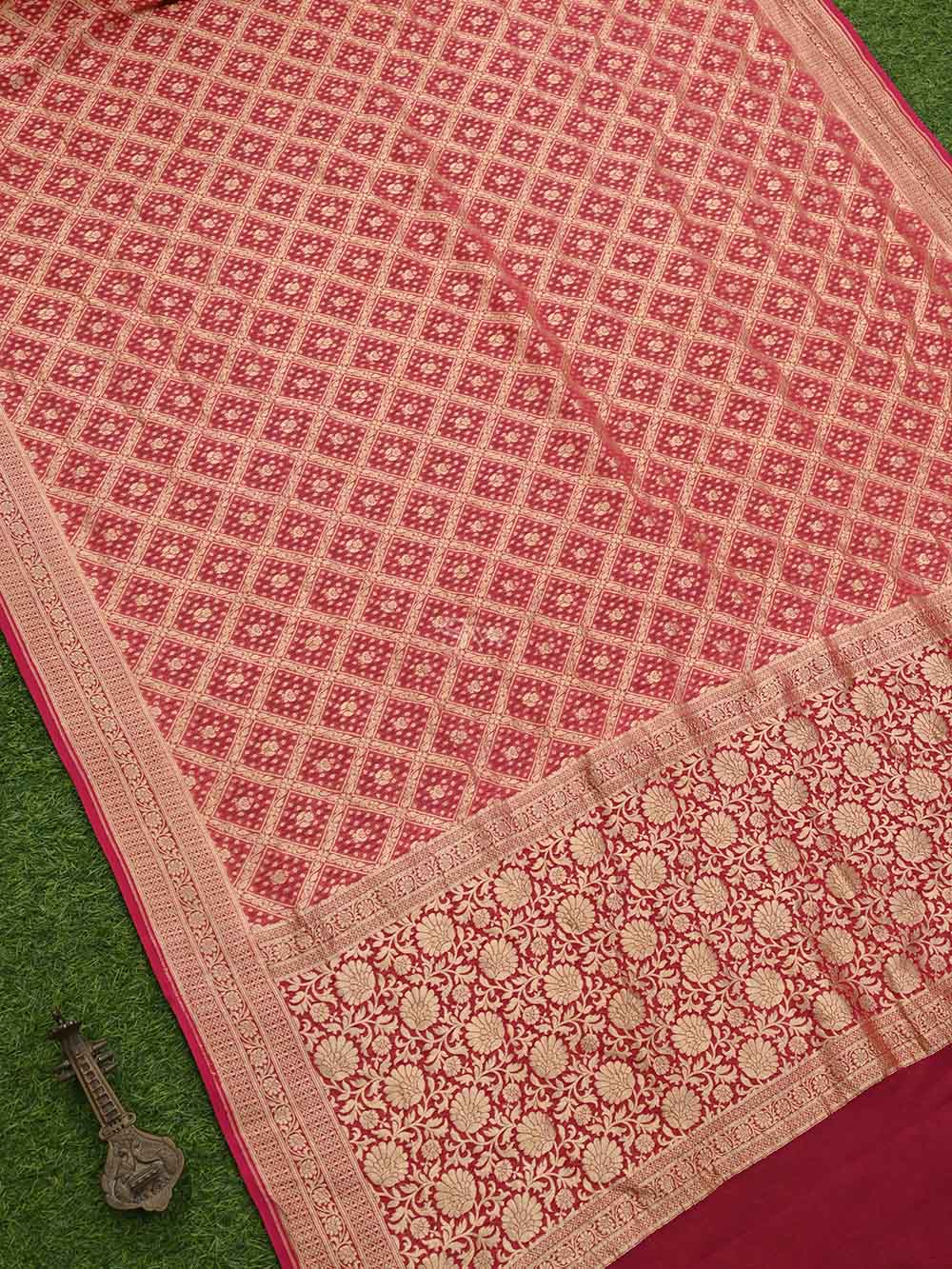 Coral Peach Jaal Khaddi Georgette Handloom Banarasi Saree - Sacred Weaves