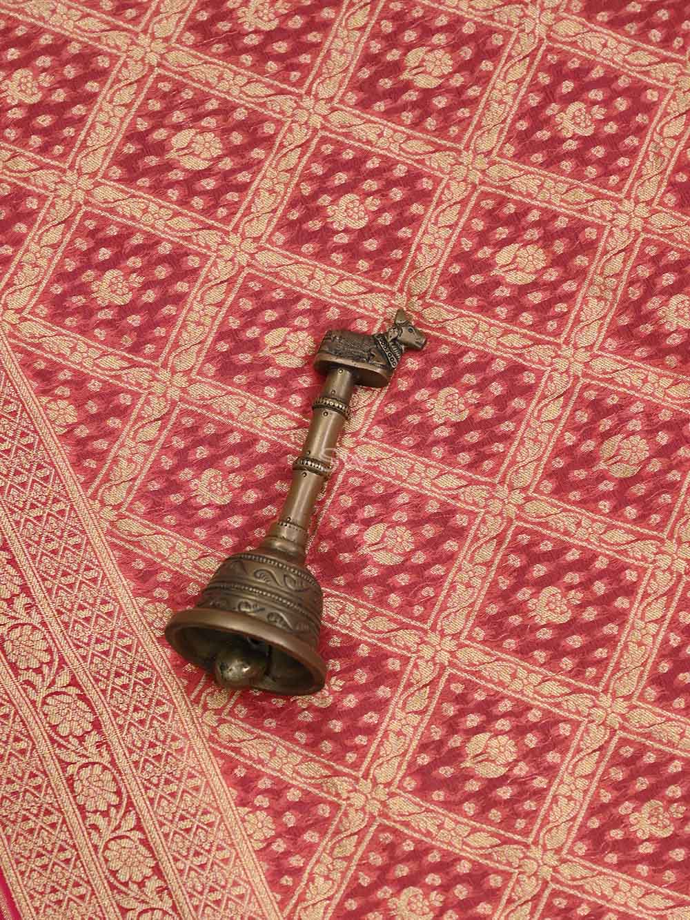 Coral Peach Jaal Khaddi Georgette Handloom Banarasi Saree - Sacred Weaves