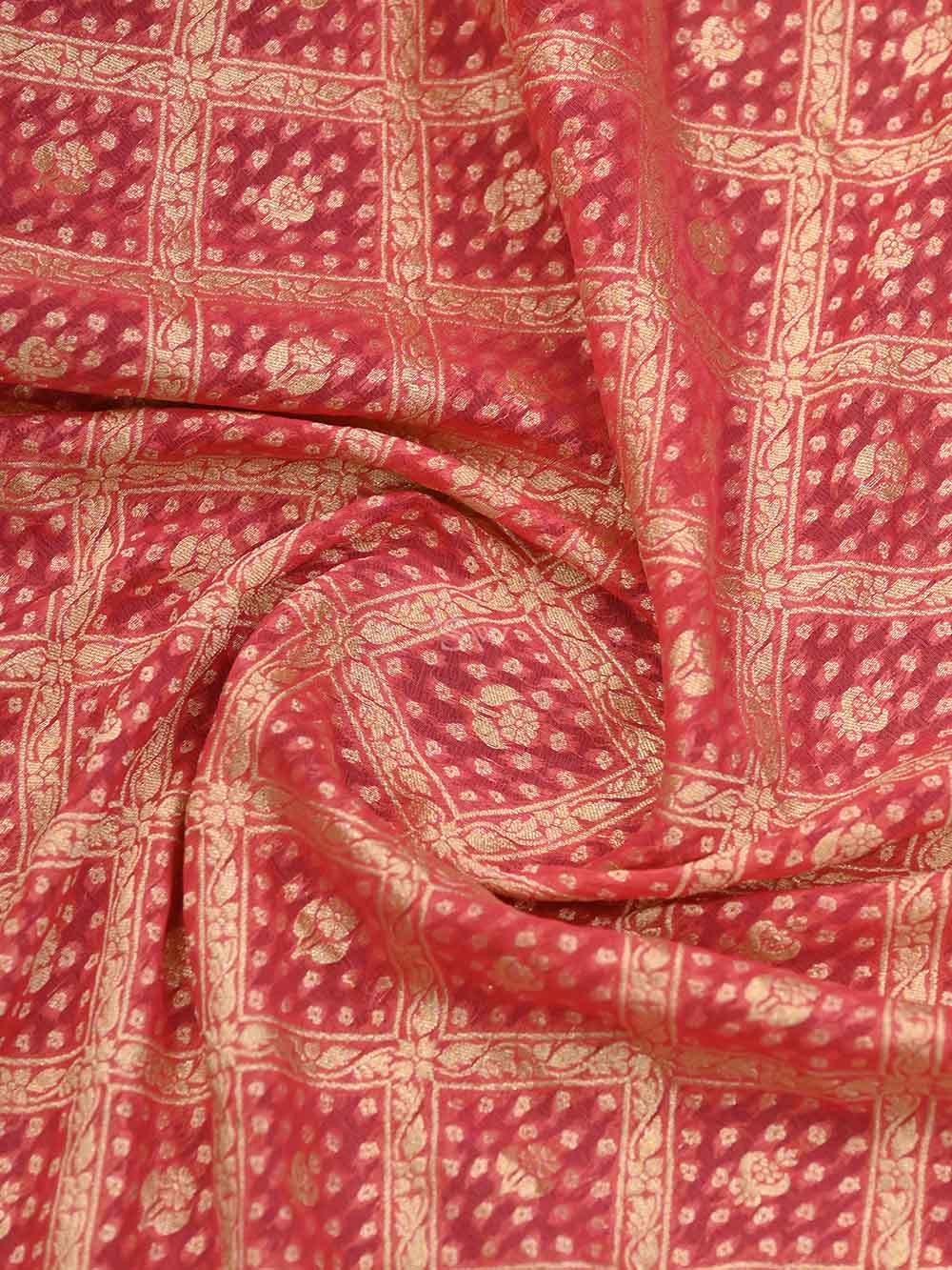 Coral Peach Jaal Khaddi Georgette Handloom Banarasi Saree - Sacred Weaves