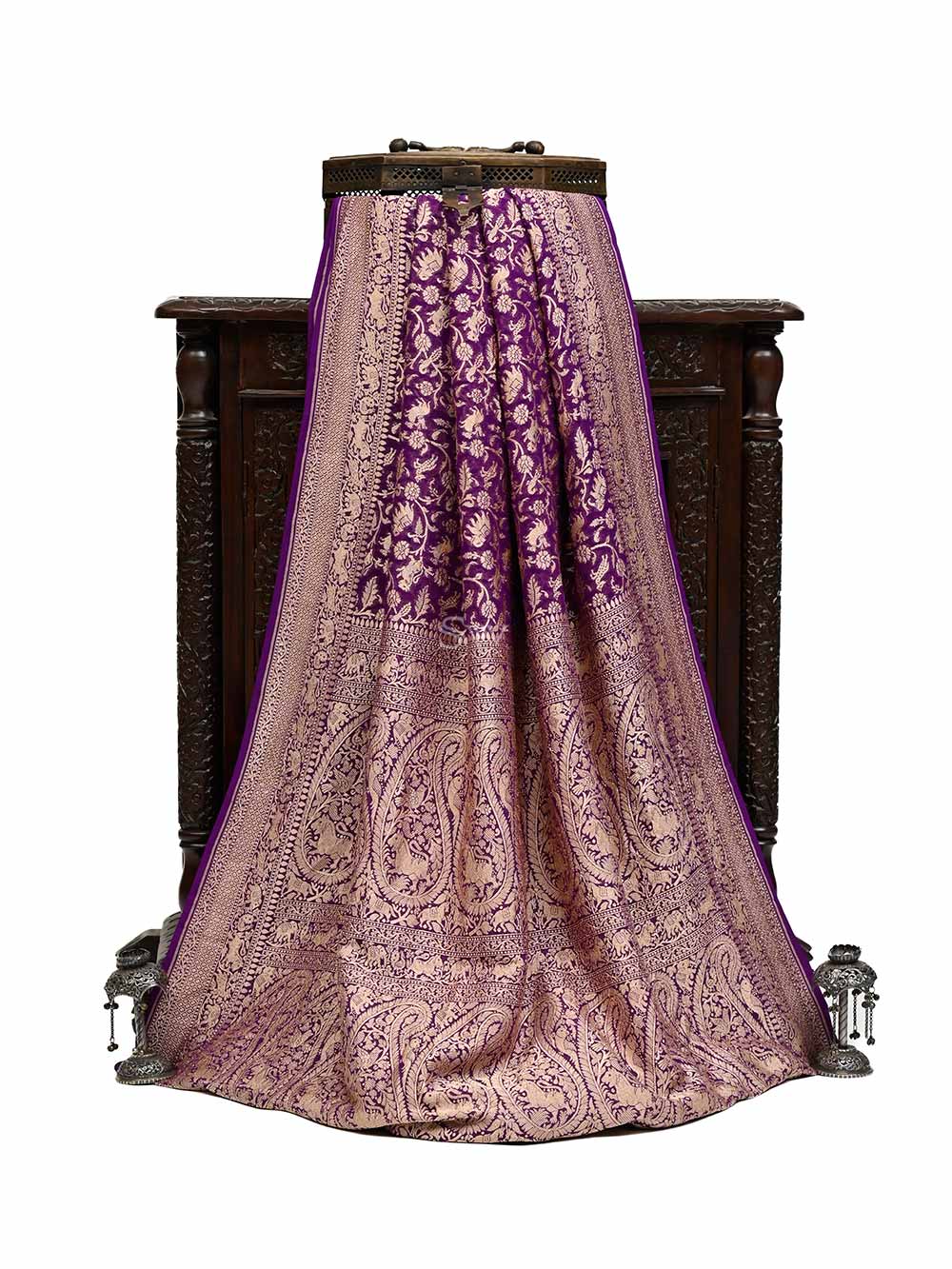 Purple Shikargah Khaddi Georgette Handloom Banarasi Saree - Sacred Weaves