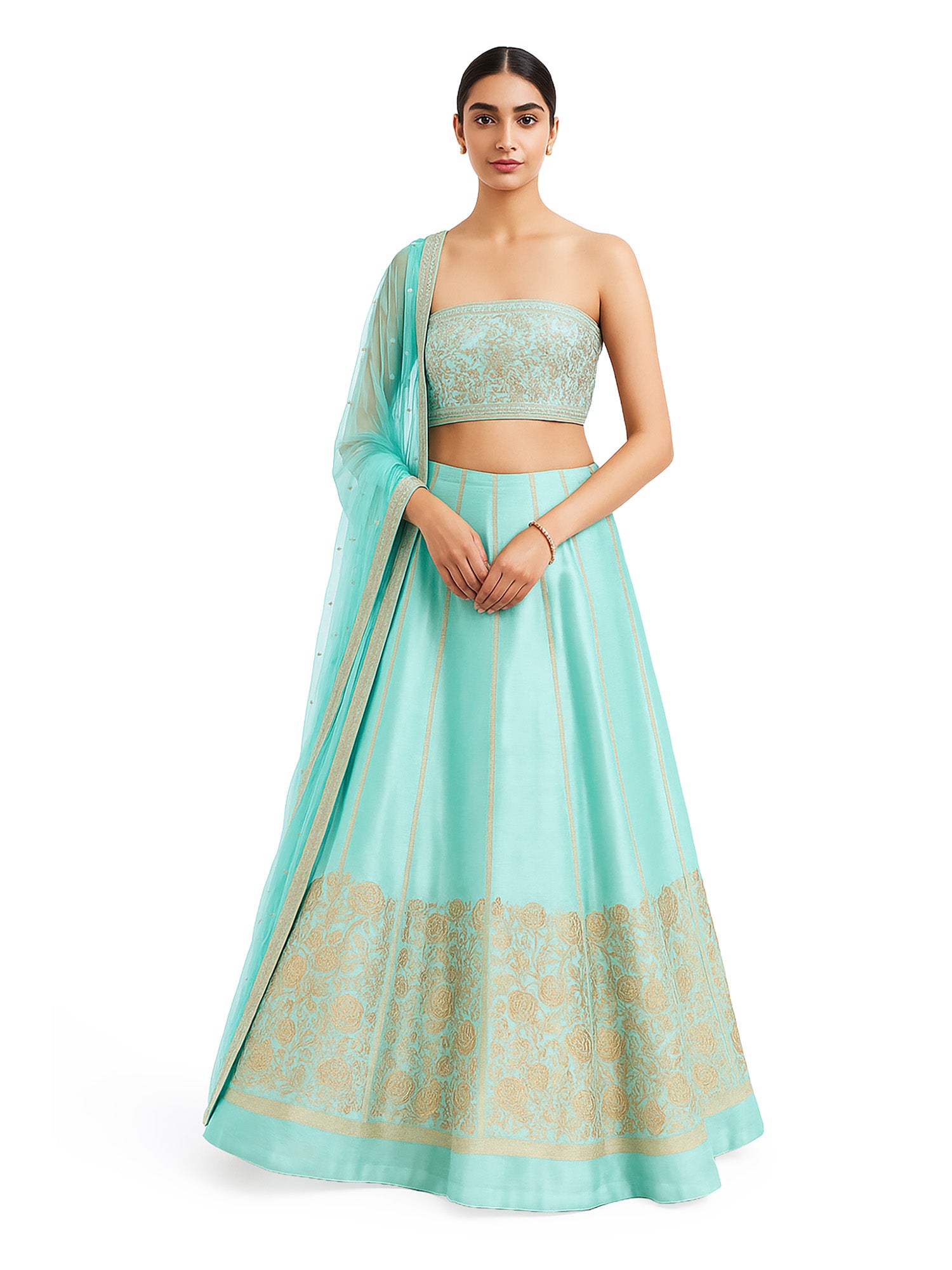 Sea Green Satin Silk Handloom Banarasi Lehenga - Sacred Weaves