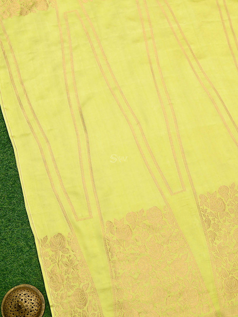 Lime Green Satin Silk Handloom Banarasi Lehenga - Sacred Weaves