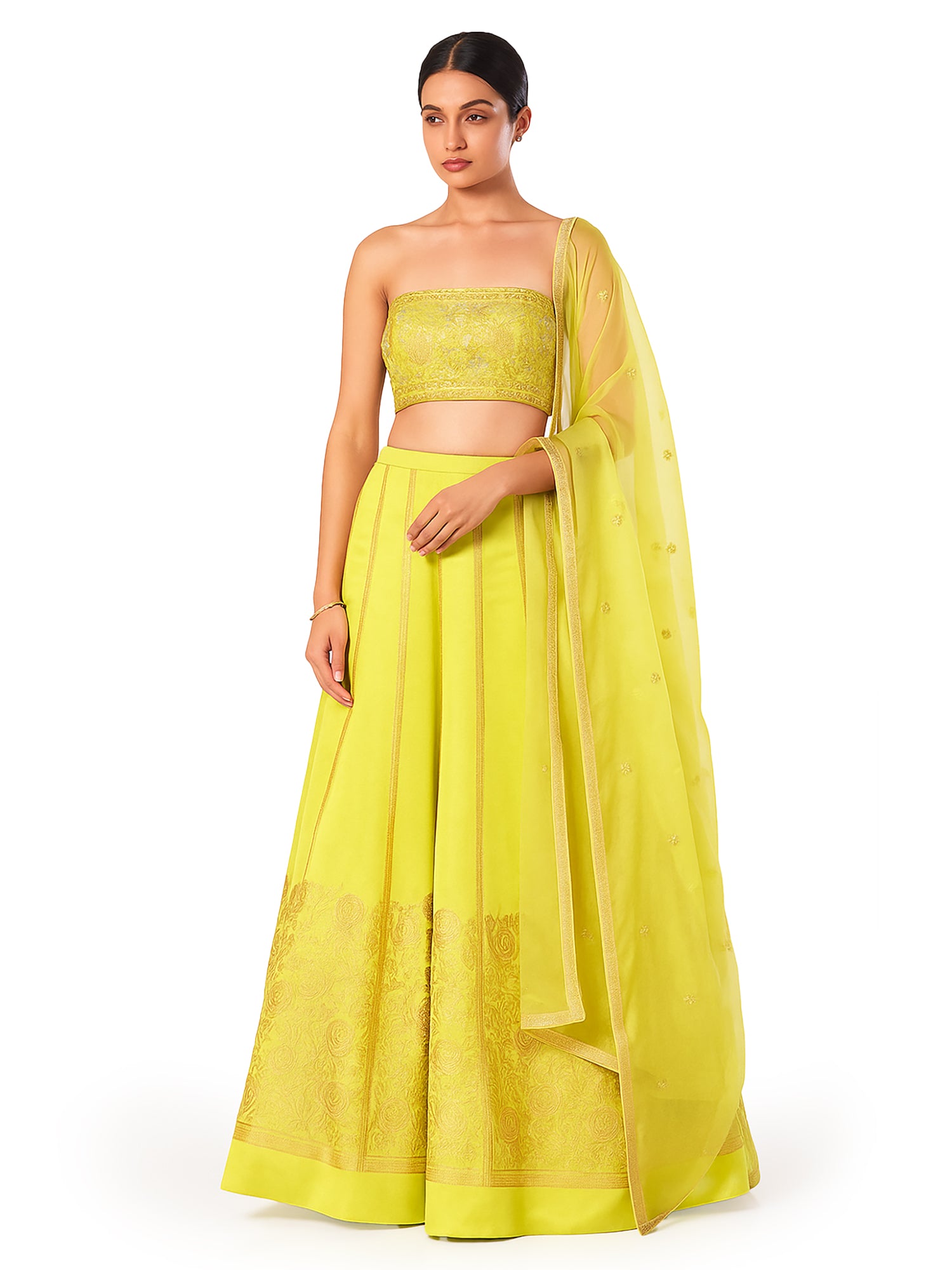 Lime Green Satin Silk Handloom Banarasi Lehenga - Sacred Weaves