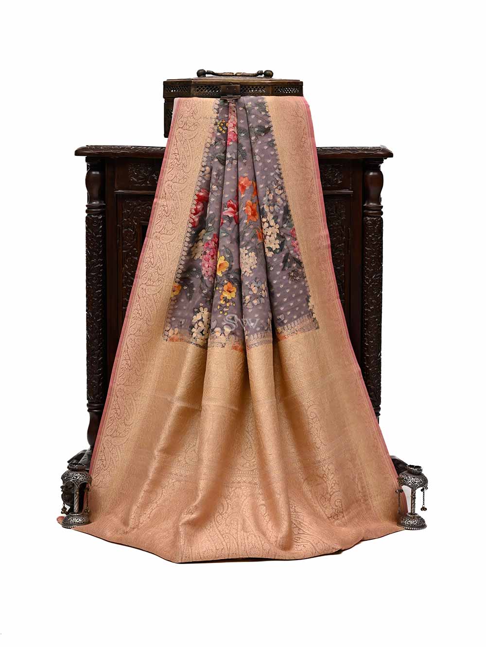Dusty Lilac Booti Crepe Printed Banarasi Saree - Sacred Weaves