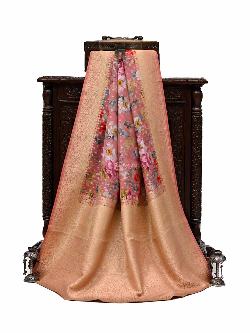Pink Booti Crepe Printed Banarasi Saree - Sacred Weaves
