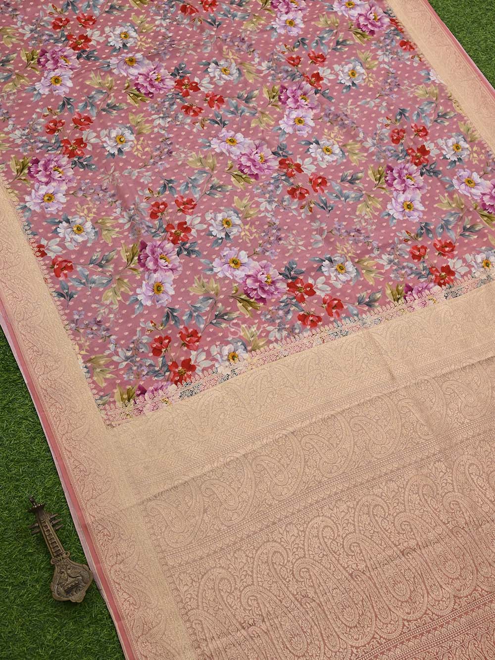 Pink Booti Crepe Printed Banarasi Saree - Sacred Weaves