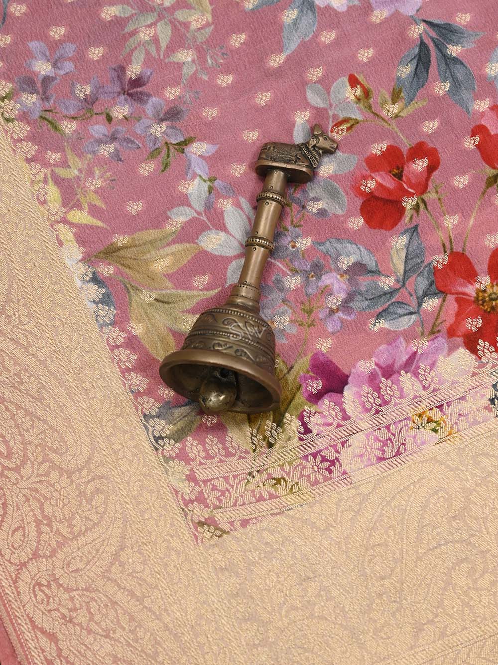 Pink Booti Crepe Printed Banarasi Saree - Sacred Weaves