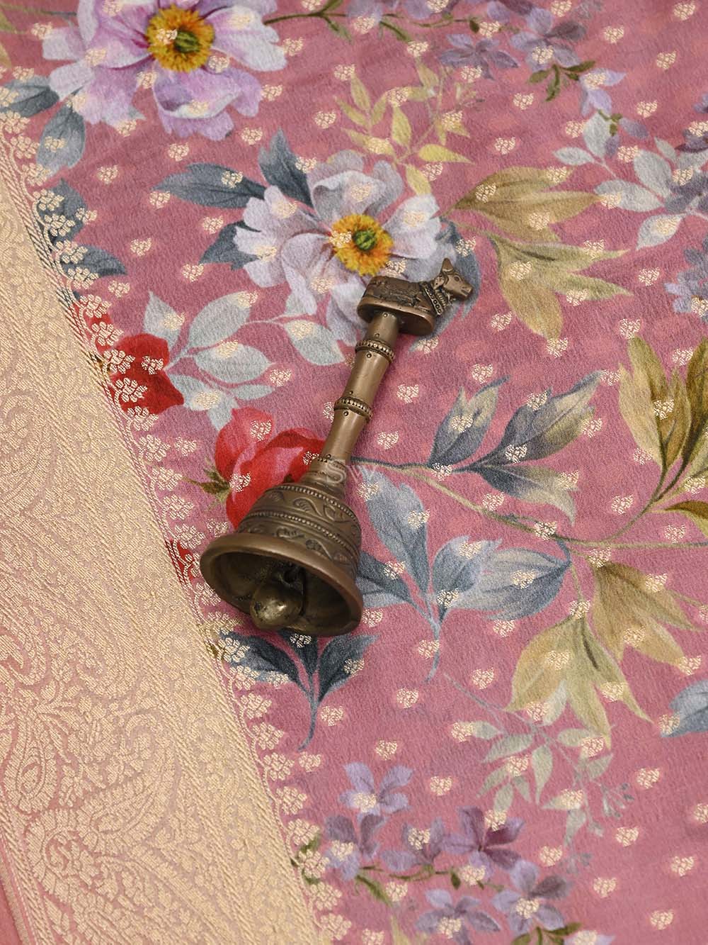 Pink Booti Crepe Printed Banarasi Saree - Sacred Weaves