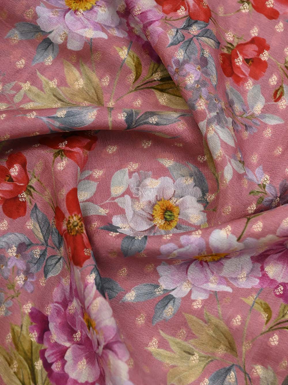 Pink Booti Crepe Printed Banarasi Saree - Sacred Weaves