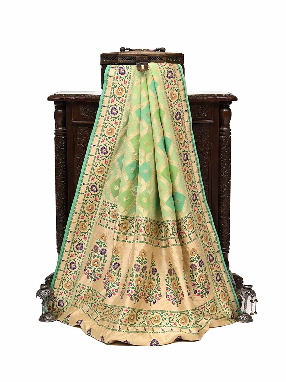 Green Paithani Rangkat Khaddi Georgette Handloom Banarasi Saree - Sacred Weaves