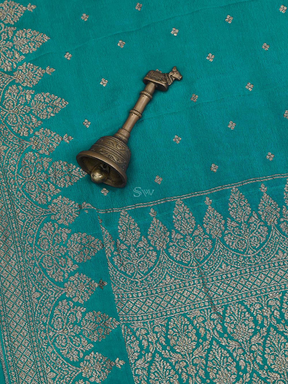Teal Blue Booti Crepe Silk Handloom Banarasi Saree - Sacred Weaves