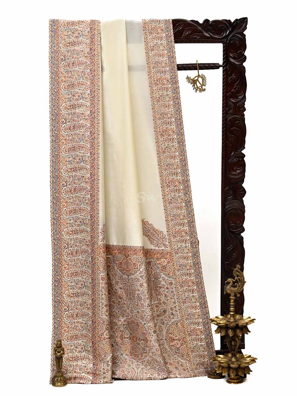 Cream Pashmina Moonga Silk Handloom Banarasi Saree - Sacred Weaves