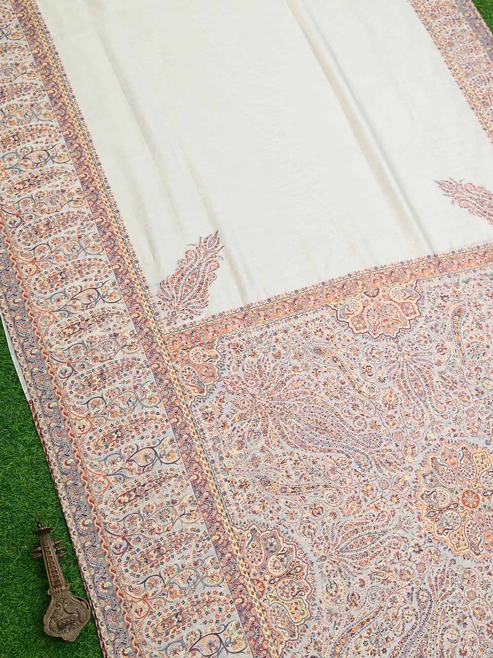 Cream Pashmina Moonga Silk Handloom Banarasi Saree - Sacred Weaves