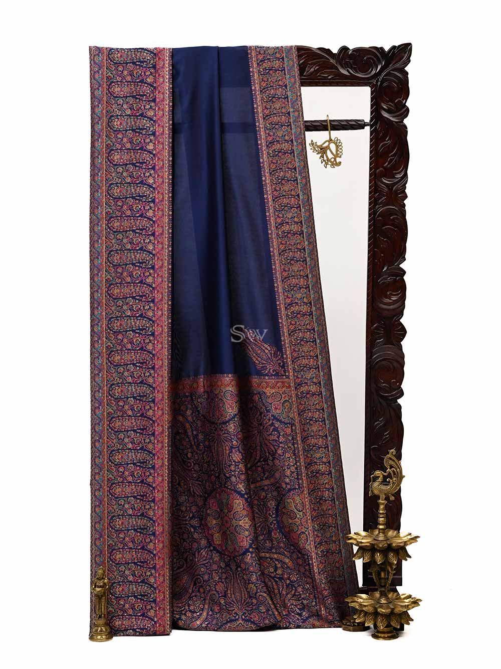 Navy Blue Pashmina Moonga Silk Handloom Banarasi Saree - Sacred Weaves