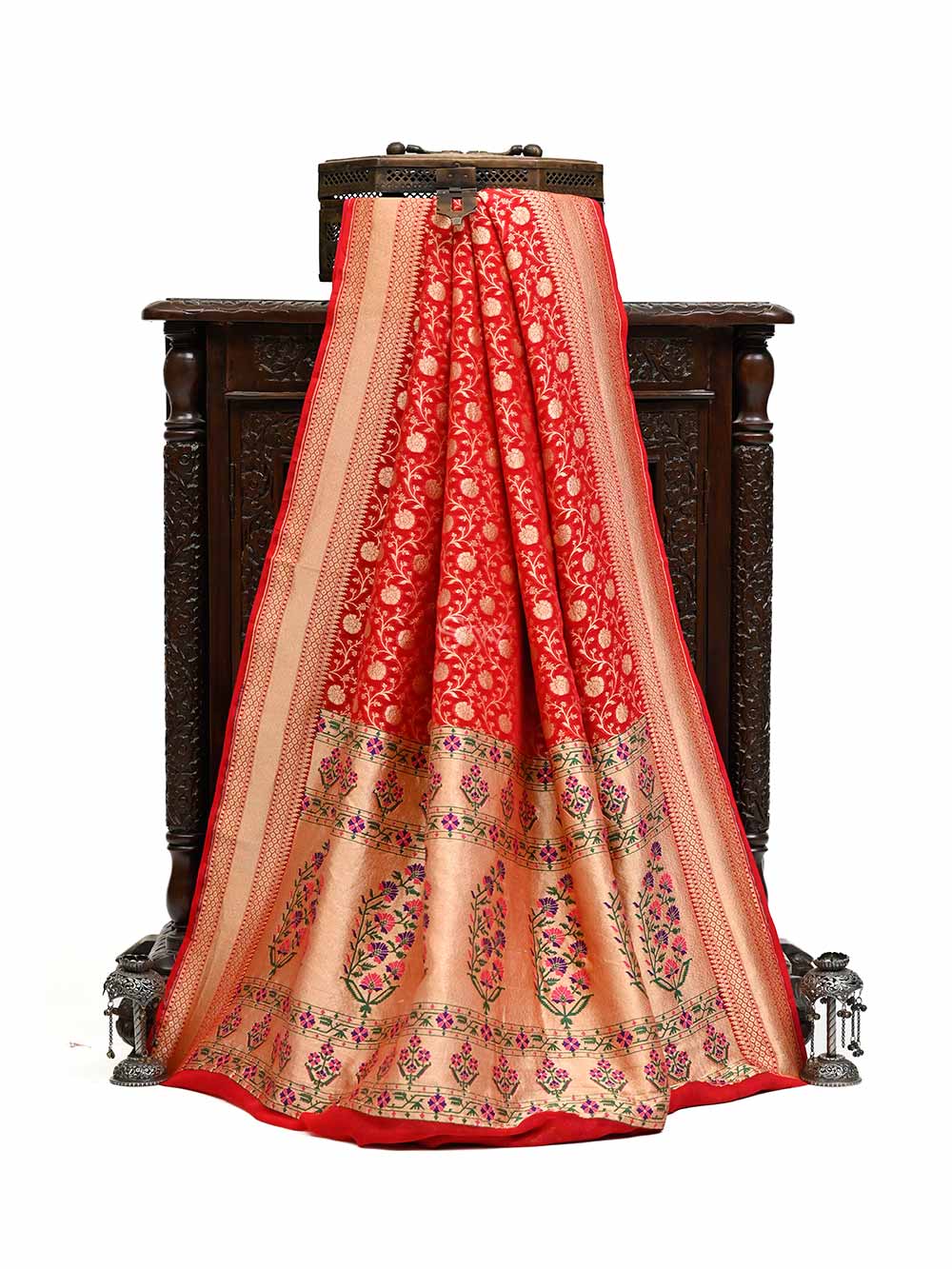 Red Paithani Georgette Khaddi Handloom Banarasi Saree - Sacred Weaves
