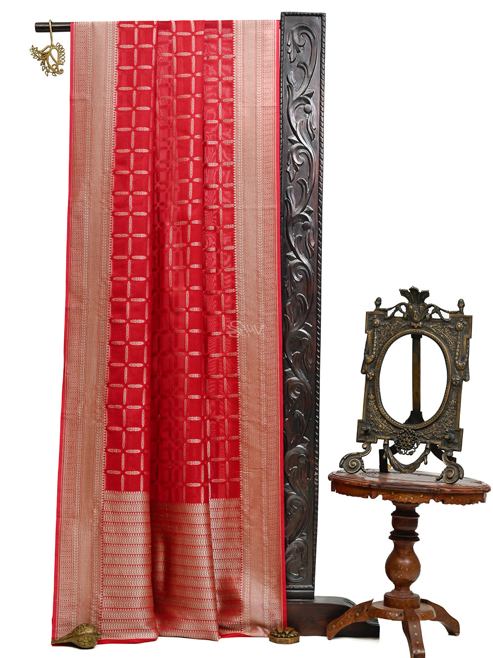Red Check Organza Handloom Banarasi Saree - Sacred Weaves