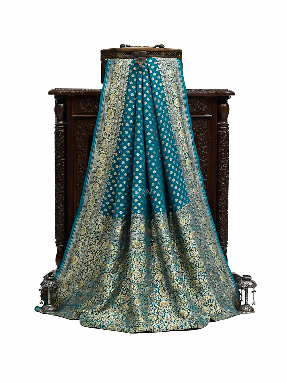 Peacock Blue Booti Khaddi Georgette Handloom Banarasi Saree - Sacred Weaves