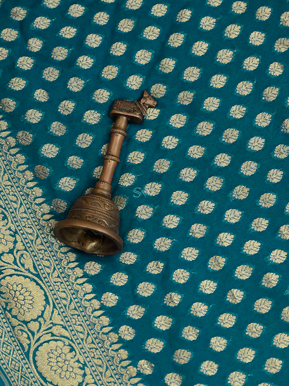 Peacock Blue Booti Khaddi Georgette Handloom Banarasi Saree - Sacred Weaves