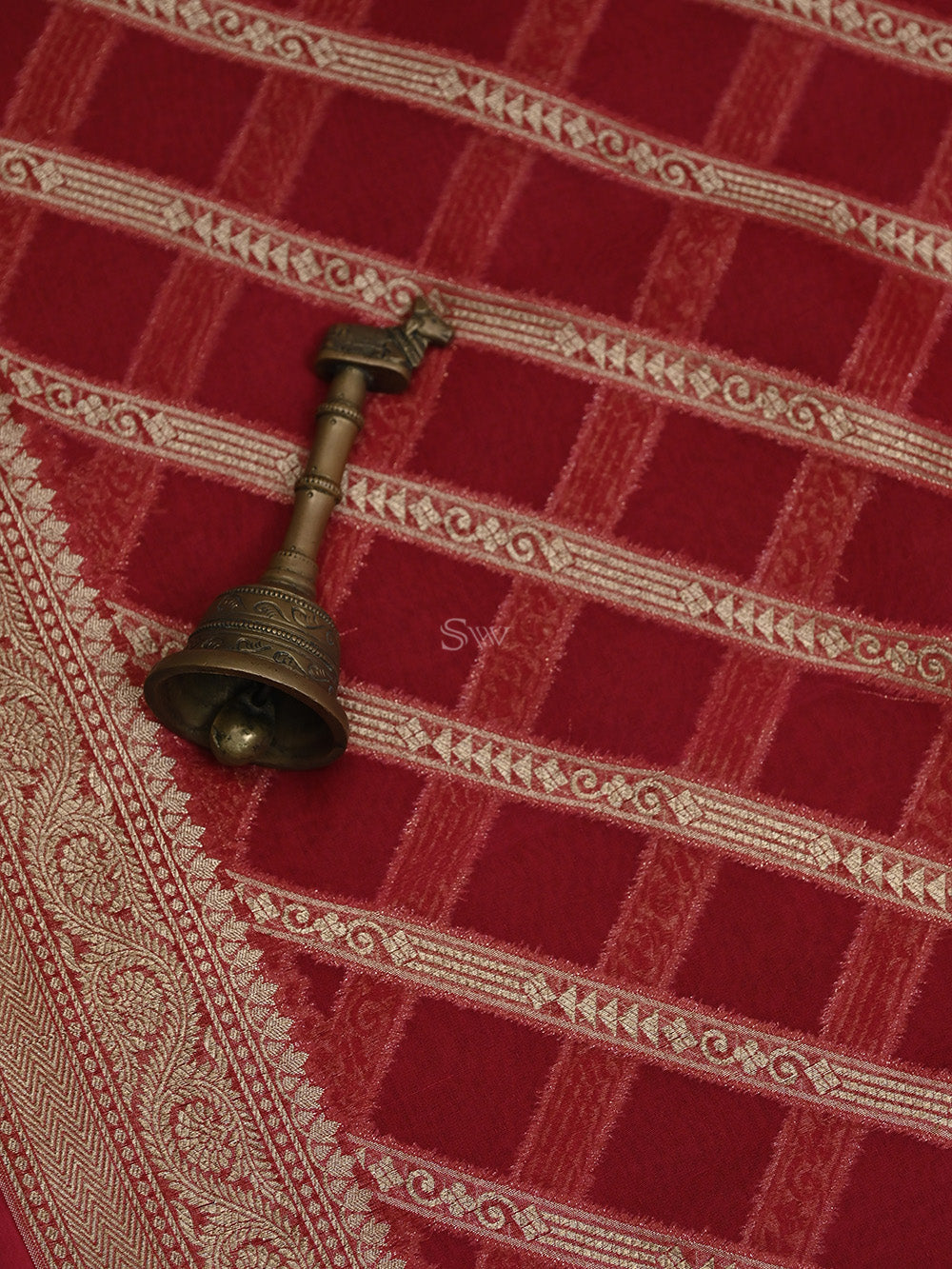 Red Stripe Organza Handloom Banarasi Saree - Sacred Weaves