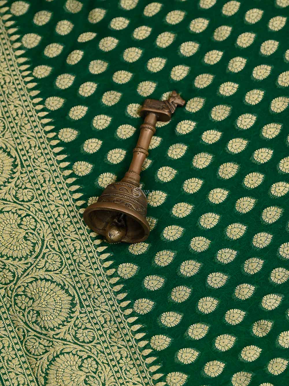 Green Booti Khaddi Georgette Handloom Banarasi Saree - Sacred Weaves